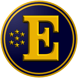 Europaeischer_Baseballverband_000020_FFC000-300px The logo of the Europäischer Baseballverband (European Baseball Federation); it's a deep blue circle bordered in gold-navy-gold, inside of which is a big gold block serif letter "E" on the right; on the left side, at the tail of the "E" almost, are seven golden stars, grouped in three columns of two, three, and two.