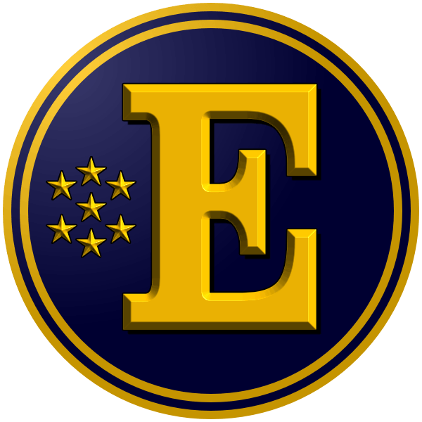 The logo of the Europäischer Baseballverband (European Baseball Federation); it's a deep blue circle bordered in gold-navy-gold, inside of which is a big gold block serif letter "E" on the right; on the left side, at the tail of the "E" almost, are seven golden stars, grouped in three columns of two, three, and two.