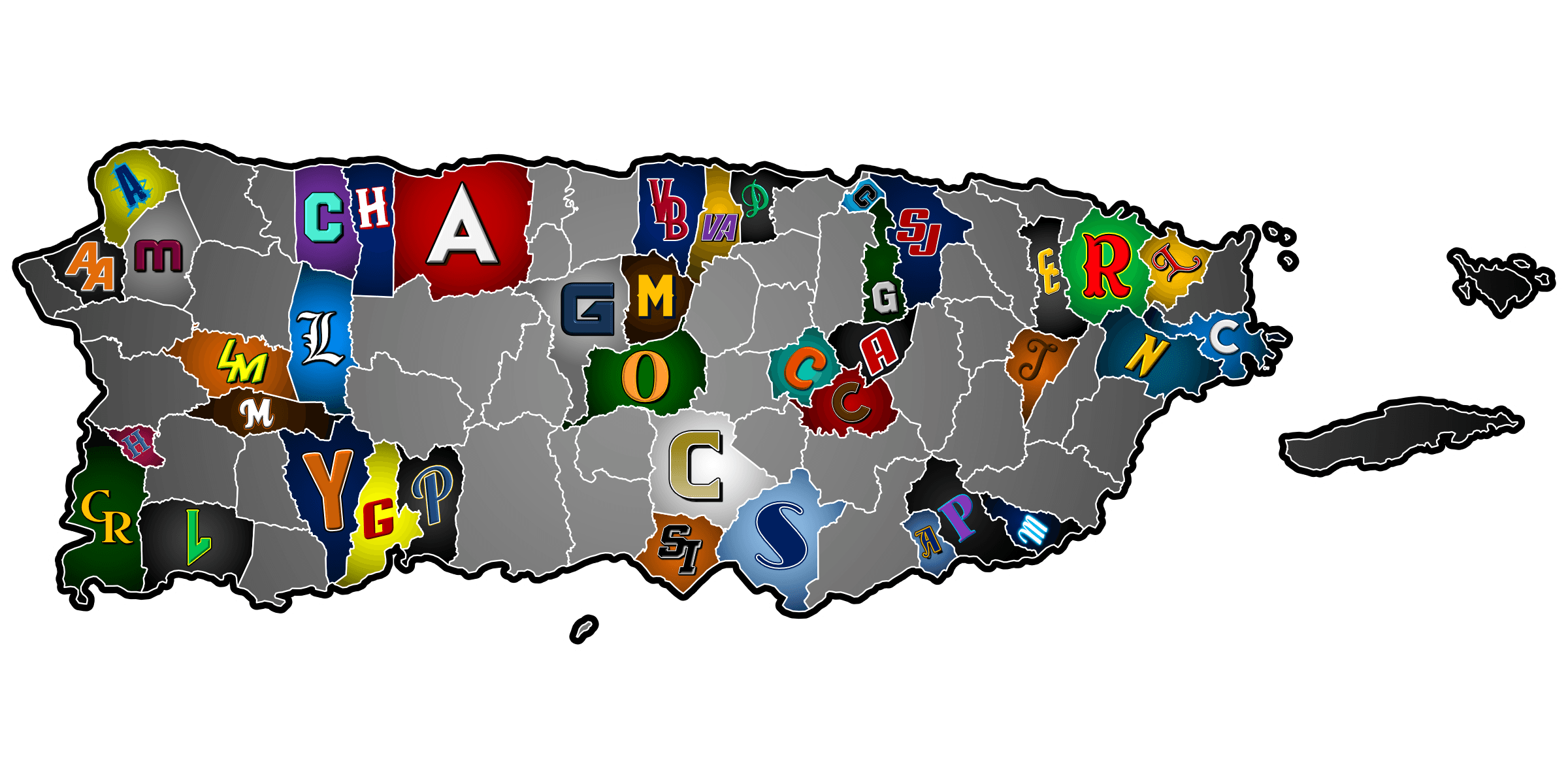 LB Map-2400px A map of Puerto Rico on which the towns with teams in Liga Betances are colored in with the team's primary shade, with the team's lettermark superimposed on them. Towns in Liga Hostos are greyed out.