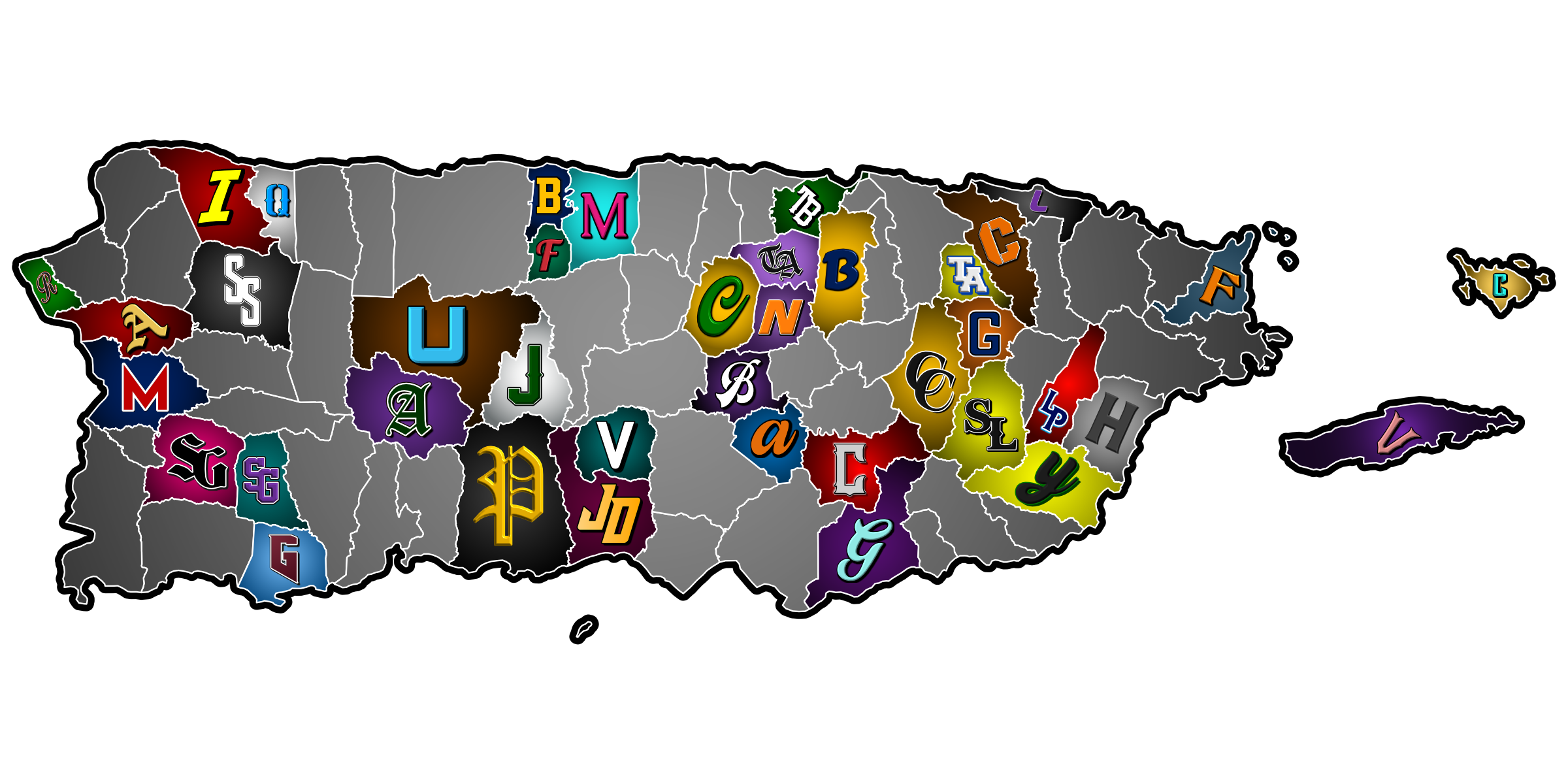 A map of Puerto Rico on which the towns with teams in Liga Hostos are colored in with the team's primary shade, with the team's lettermark superimposed on them. Towns in Liga Betances are greyed out.