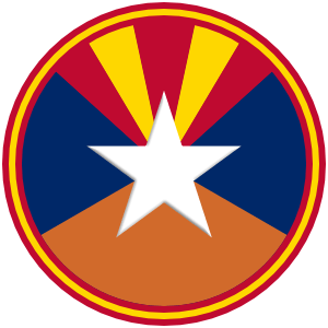 League_of_the_Free_Frontier_c00000_ffc000_300px The logo of the League of the Free Frontier: a circle, bordered in red-gold-red, and divided into four sections: at the bottom, a desert-bronze triangle that suggests a mountain; to the left and right, navy blue skies; and at the top, the red and gold diagonal stripes of the Arizona state flag. It's meant to be a combination of the colors and symbols of New Mexico, Arizona and Texas.