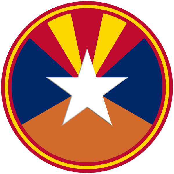 The logo of the League of the Free Frontier: a circle, bordered in red-gold-red, and divided into four sections: at the bottom, a desert-bronze triangle that suggests a mountain; to the left and right, navy blue skies; and at the top, the red and gold diagonal stripes of the Arizona state flag. It's meant to be a combination of the colors and symbols of New Mexico, Arizona and Texas.