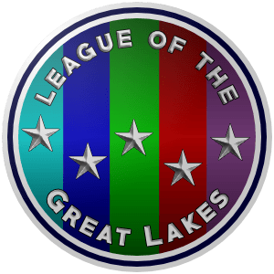 League_of_the_Great_Lakes_000040_ffffff_300px The logo of the League of the Great Lakes: a circle split in five stripes, bordered in white and navy. The stripes are colored, from left to right, teal, blue, green, red and purple, and each stripe contains a metallic white star in the approximate relative position of the Great Lakes whose color corresponds to that stripe (Superior for teal, Michigan blue, Huron green, Erie red, Ontario purple). Around the inside border of the circle is the text "League of the Great Lakes."