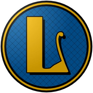 Leipzig_Kaufmaenner_005EA9_FFD700 (300px) The logo of the Leipziger Kaufmänner—on a light blue circle crisscrossed by a darker blue grid pattern sits a gold "L" in German Gothic type, bordered and shadowed in black. The circle is bordered in black-gold-black.