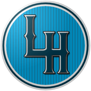 The logo of Liga Hostos: a blue circle striped with slightly darker blue-gray, bordered in white-dark blue-white, with the letters "LH" superimposed in dark blue spiky gothic font, bordered in white and then black.