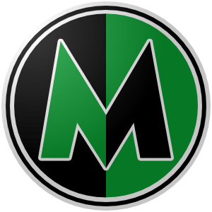 Magdeburg_Halbkugeln_089A30_000000 (300px) The logo of the Magdeburger Halbkugeln; a circle spit vertically between a black left and a green right, on which a very triangular "M," bordered in white, sits on reverse colors (green left, black right). The circle is bordered in white-black-white.