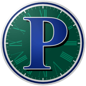Praha_Chasomjeritchi_00553F_FFFFFF (300px) The logo of the Pražští Časoměřiči: a very formal serif blue "P" sits on a green circle made up to look like a clock display, with the Roman numerals for the hours visible in lighter green. The circle is bordered in white-navy-white.