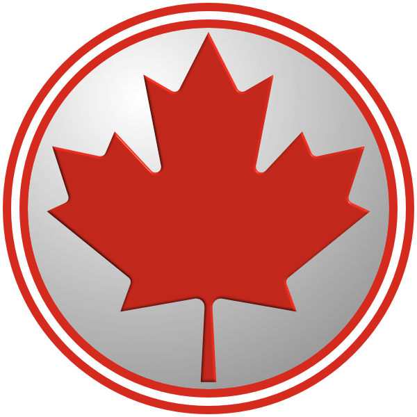 The logo of the Royal Canadian Baseball League: A very simple white circle containing a red maple leaf, bordered in red-white-red.