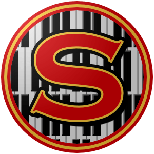 Salzburg_Wunderkinder_FFCA3A_A50104 (300px) The logo of the Salzburger Wunderkinder: a copperplate gothic "S," widened out to stretch across most of the circle behind it, is red with gold and black borders, and a black shadow behind it.
The circle is designed to look like piano keys, with a red-gold-red border.