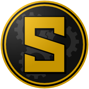 Stuttgart_Vergaser_000000_FFC000 (300px) The logo of the Stuttgarter Vergaser: A black circle with three gray gears in the classic Rincón lineup, bordered in gold-black-gold. In the center is a very angular, mechanical-looking "S" in gold, with border and shadow in black.