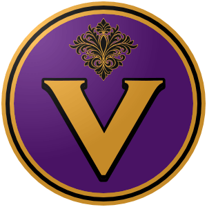Venezia_Mascherati_8022AE_9F7839 (300px) A logo for the Mascherati di Venezia: a bright purple circle, bordered in gold-black-gold, on which a big Gothic gold "V" sits below an artistic representation of a flower done in gold-bordered black.