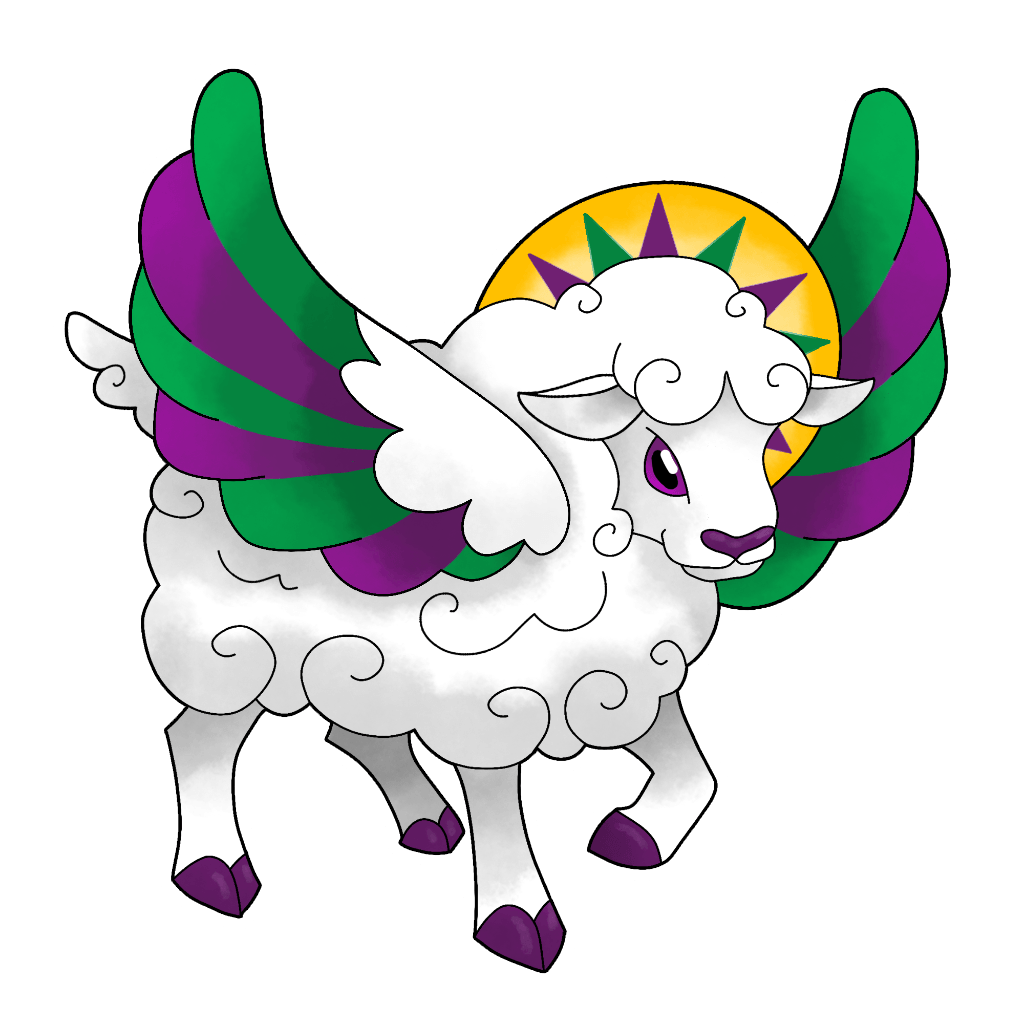 Aureovina (Santos de Adjuntas) Aureovina is a white lamb with purple-and-green wings, purple hooves, eyes and snout, and a golden halo with purple and green triangles.
