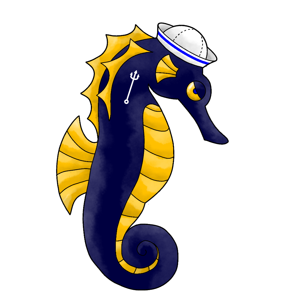 Buquebrante is a dark blue seahorse with golden fins, belly, and eye, wearing a white sailor cap with a blue band around the bottom and a white trident tattoo on what would be its shoulder.
