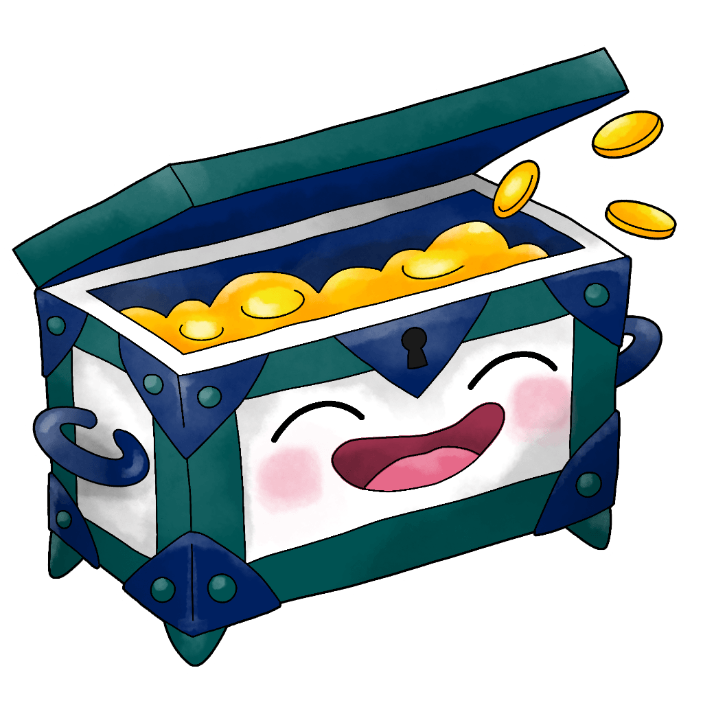 Cofrescachón (Mercaderes de Villalba) Cofrescachón is a happy little chest full of gold coins! It's got white sides with teal metalwork, joined together by blue plates with teal rivets and blue handles on the sides.