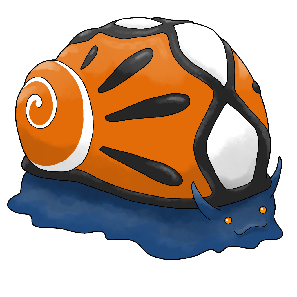 Cormitraza is a blue nerite snail with orange eyes and small antennae. The real attraction is its shell, which is massive and orange, with black drop-like markings across the sides in front of a small white-laced whirl, and a series of white markings with black borders that look like an archbishop’s miter.