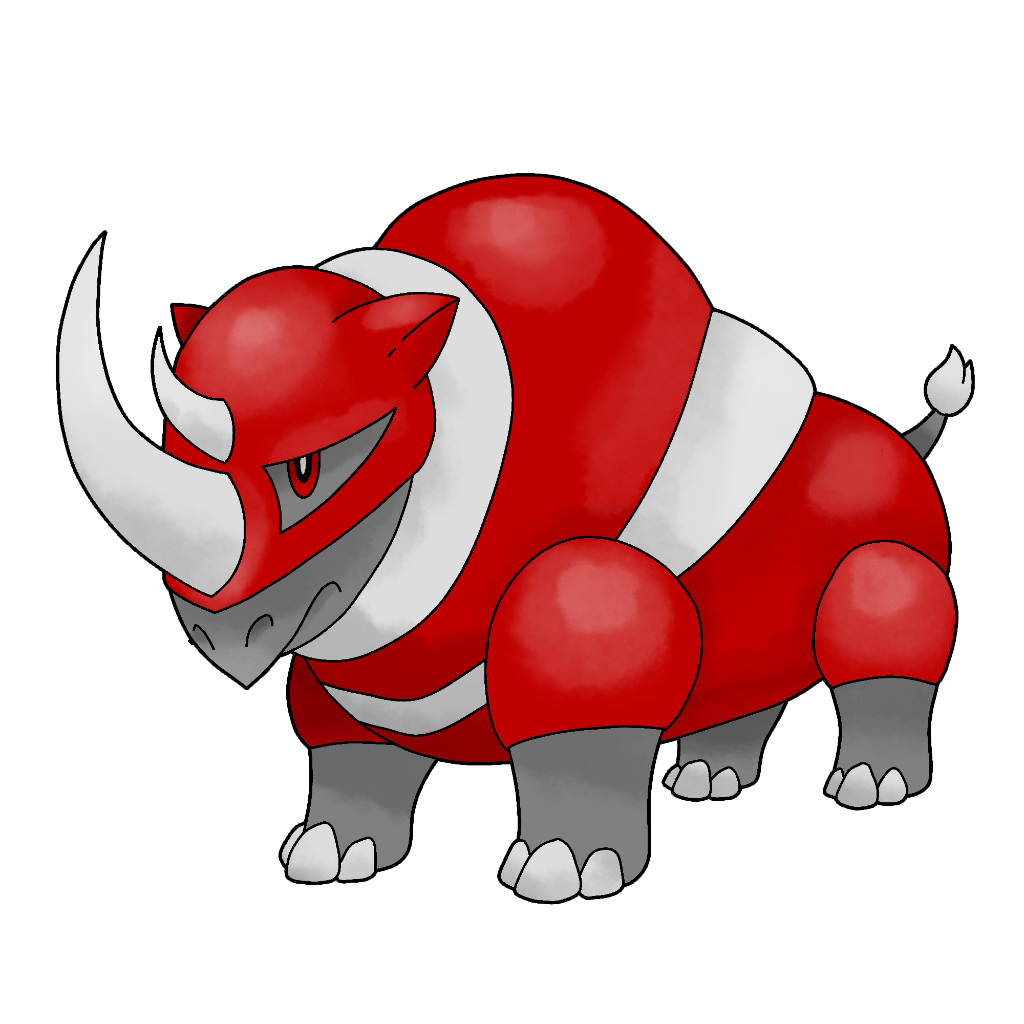 Embestitán is a gray rhino, with white hooves and horns and red eyes, wearing red armor that includes a half-helm and white striping around the neck and chest. I would ride him into battle.