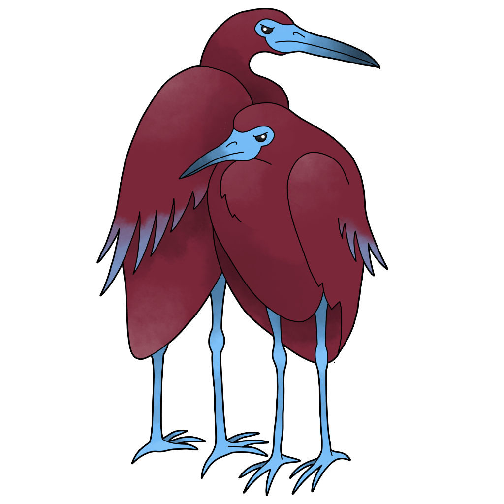 Garzaterva are two claret herons with blue feet, blue-tinted wingtips, and blue faces and bills (much Phillies, very style, wow), who are very much interested in you never talking to them ever again. They're friends with each other, not you.