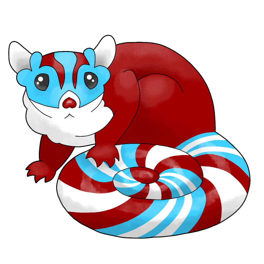 Ojimelaza (Cañeros de Vega Baja) Ojimelaza is a sugar glider with a red body, a light blue-and-white face with sharp red markings between its small black eyes, a red nose, and a very worried facial expression. Its tail is striped in light blue, red and white like a candy cane with an art degree.