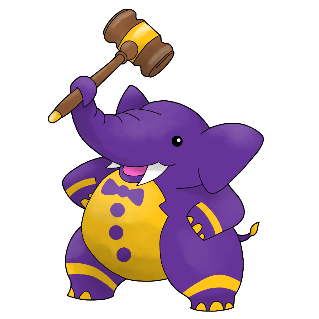 Paquidermazo is a purple elephant, with white tusks, a gold chest punctuated by purple “bowtie” and “buttons,” and gold bands around its wrists and ankles, which end in golden hooves as well. It’s wielding a brown gavel with a gold band around the middle.