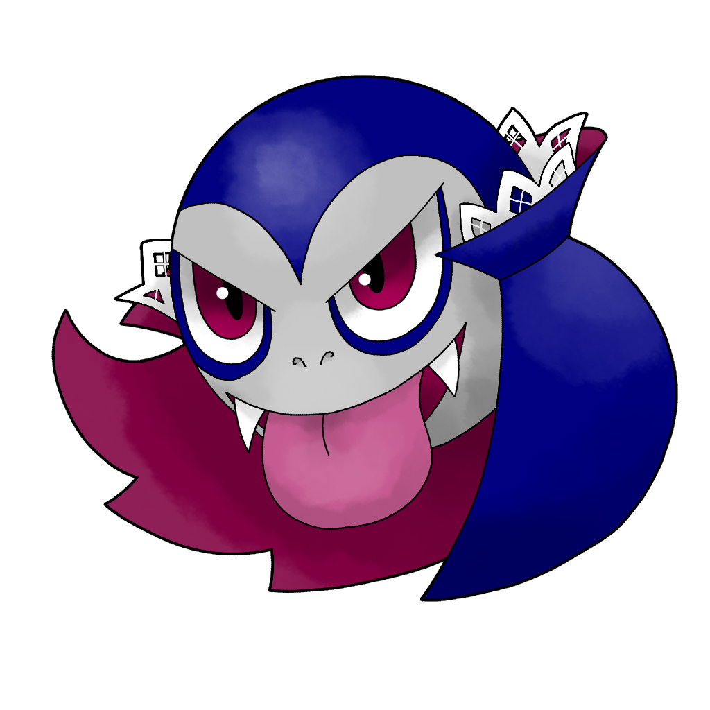 Ranzafio is like if Bart Simpson was both a vampire and actually evil. It’s a silver-faced vampire with blue “hair,” including the requisite widow’s peak; maroon eyes, lidded in blue, and a big pink tongue sticking out between his white fangs. It wears a blue cape with maroon lining, topped with white lace resembling Gothic windows.
