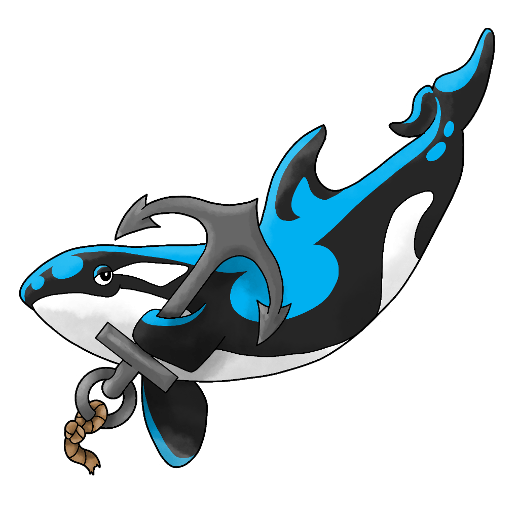 Triunfragio (Guardacostas de Cataño) Triunfragio is an orca with a white belly, black sides, and curvy blue topside, smugly holding in its fin (how exactly it's managing this is beyond us) an anchor it's ripped out of the sea.