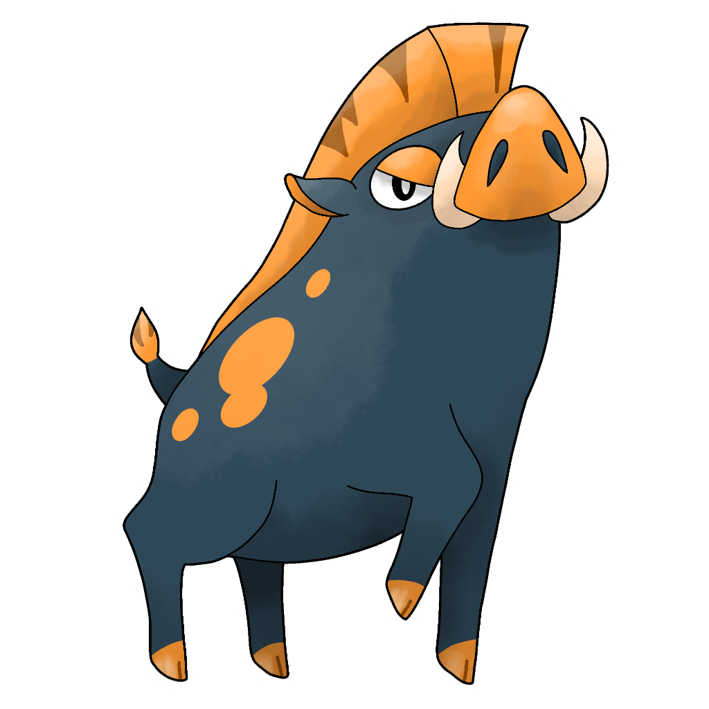 Zanjabalí is a sassy steel-gray pig with orange nose, eyelids, ear . . . borders? tufts? . . . hooves, tail, and spots along the back, as well as the mane (crest? ridge?) along its back.